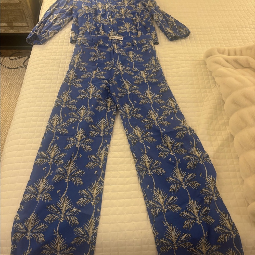 Blue Palm Print Jumpsuit